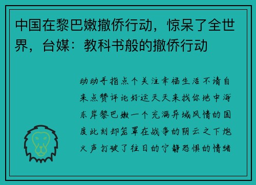 中国在黎巴嫩撤侨行动，惊呆了全世界，台媒：教科书般的撤侨行动